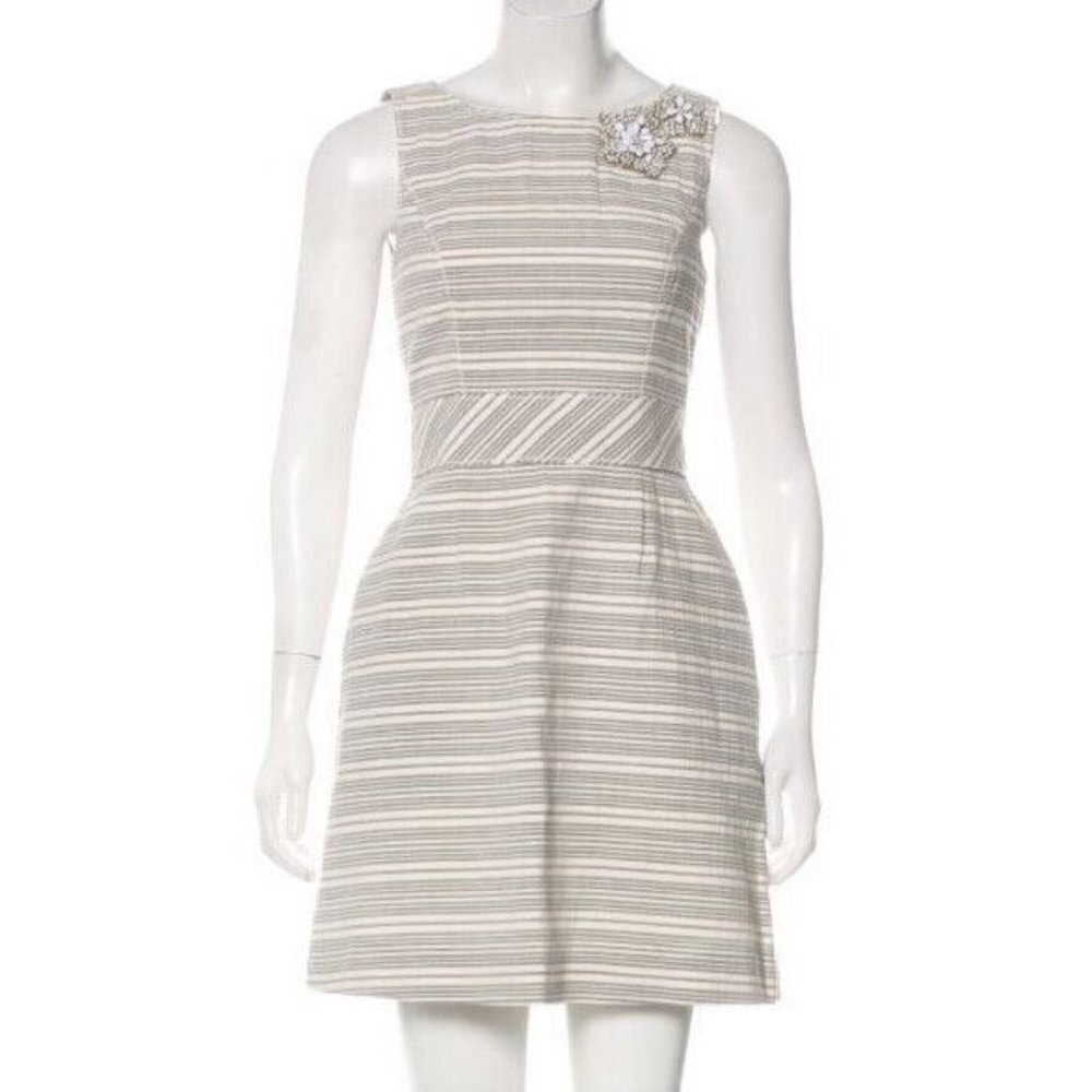 VERA WANG LAVENDER LABEL Beaded Gray/Ivory Stripe Cotton Seersucker Dress Size 2